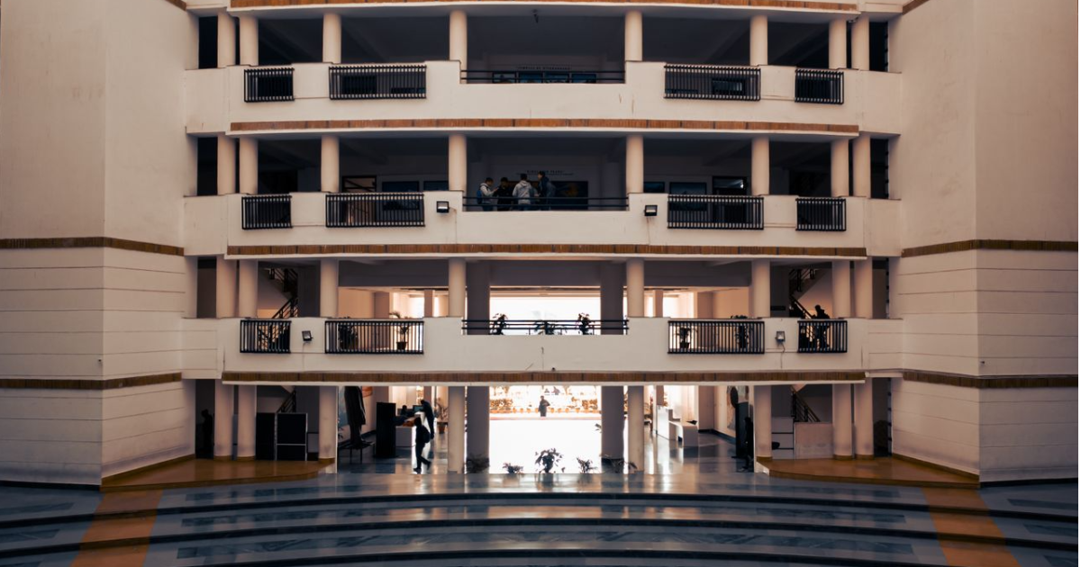 Wide view of a modern building highlighting architectural design and stairs